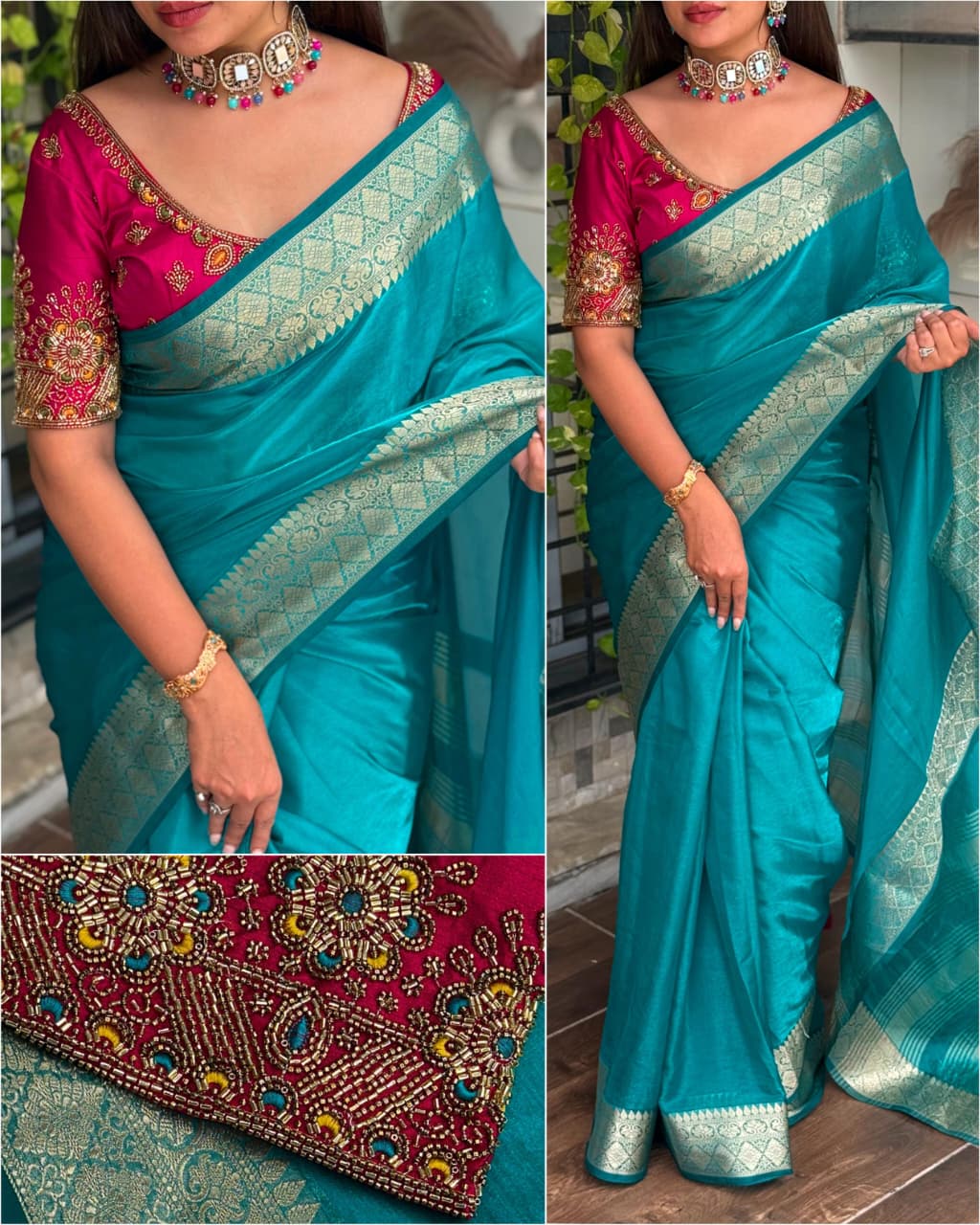 Handwork Blouse with Fendy Satin Saree – Simple Yet Elegant Statement Wear