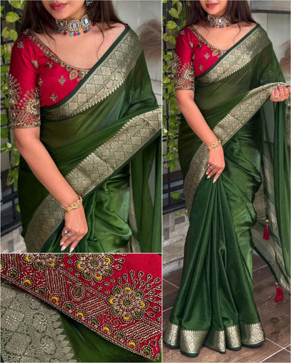 Handwork Blouse with Fendy Satin Saree – Simple Yet Elegant Statement Wear