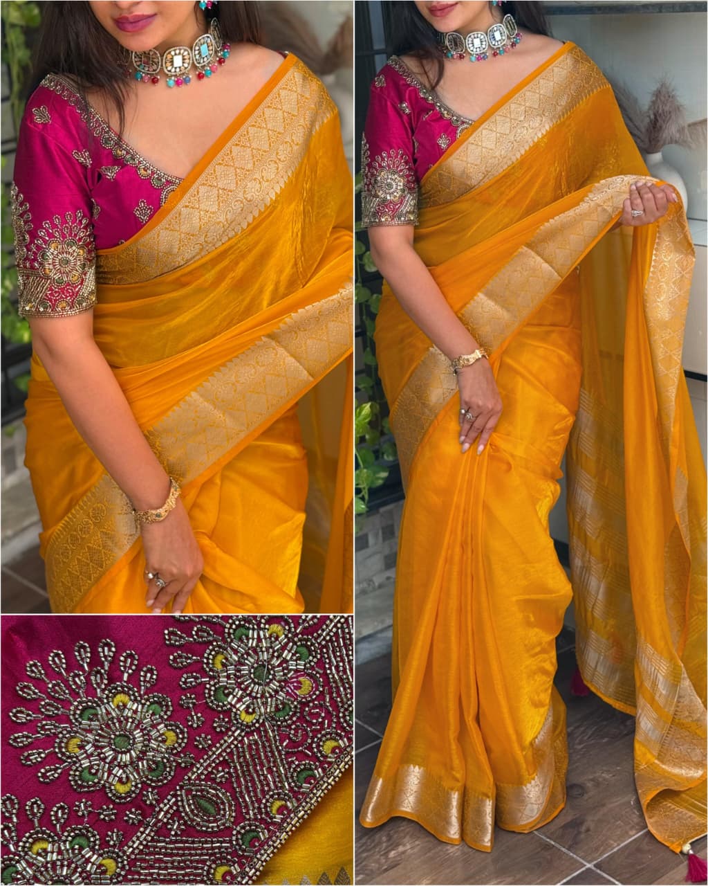 Handwork Blouse with Fendy Satin Saree – Simple Yet Elegant Statement Wear