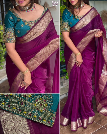 Handwork Blouse with Fendy Satin Saree – Simple Yet Elegant Statement Wear