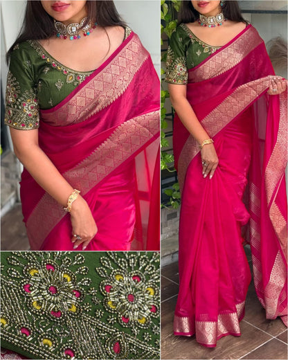 Handwork Blouse with Fendy Satin Saree – Simple Yet Elegant Statement Wear