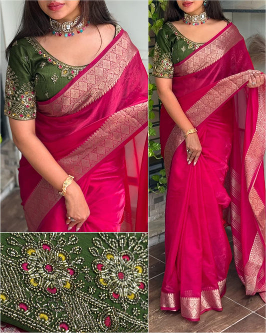 Handwork Blouse with Fendy Satin Saree – Simple Yet Elegant Statement Wear