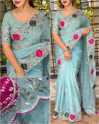 Pure Crystal Tissue Saree with Zari & Hand Applique Work