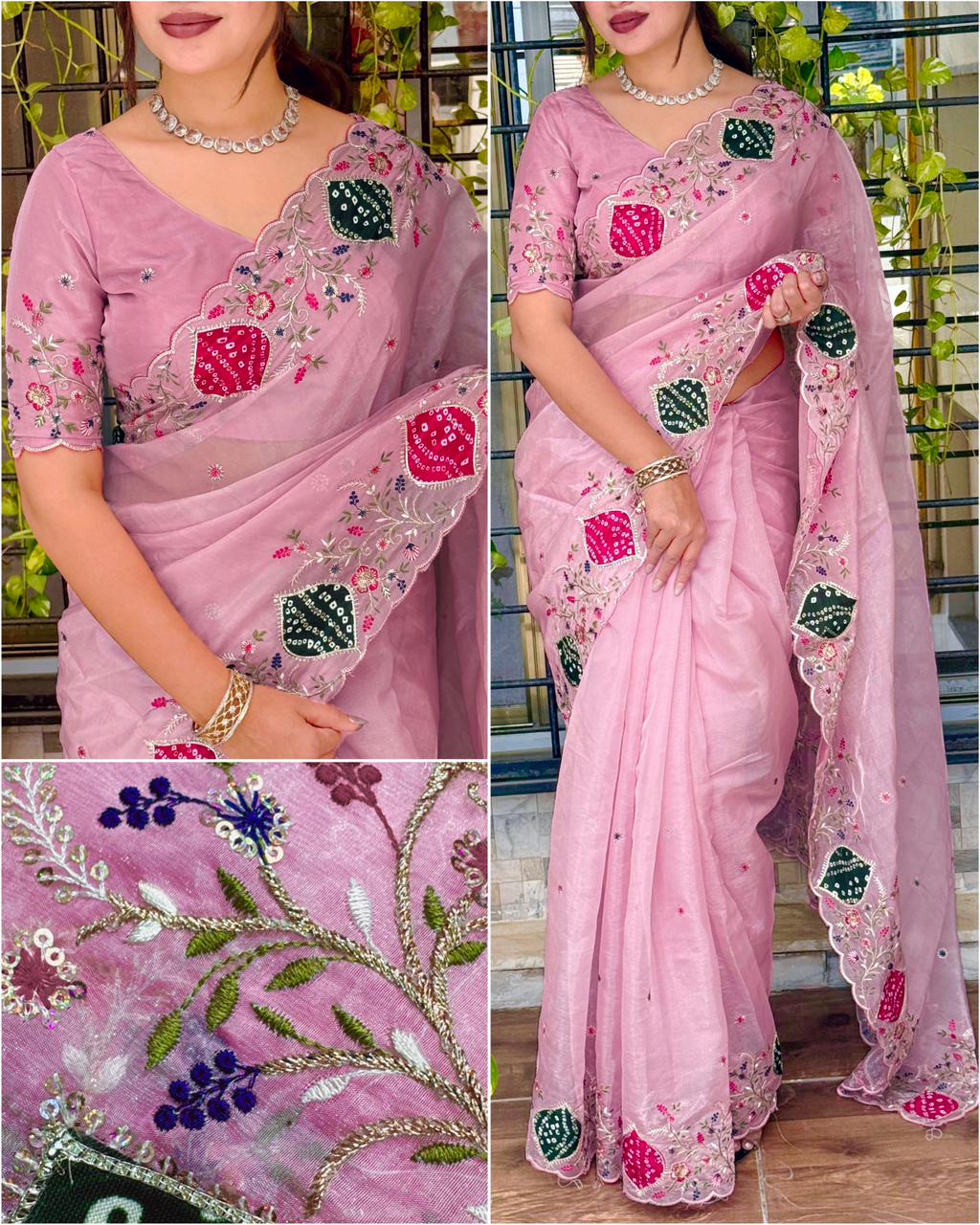 Pure Crystal Tissue Saree with Zari & Hand Applique Work
