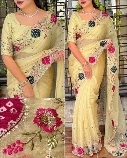 Pure Crystal Tissue Saree with Zari & Hand Applique Work