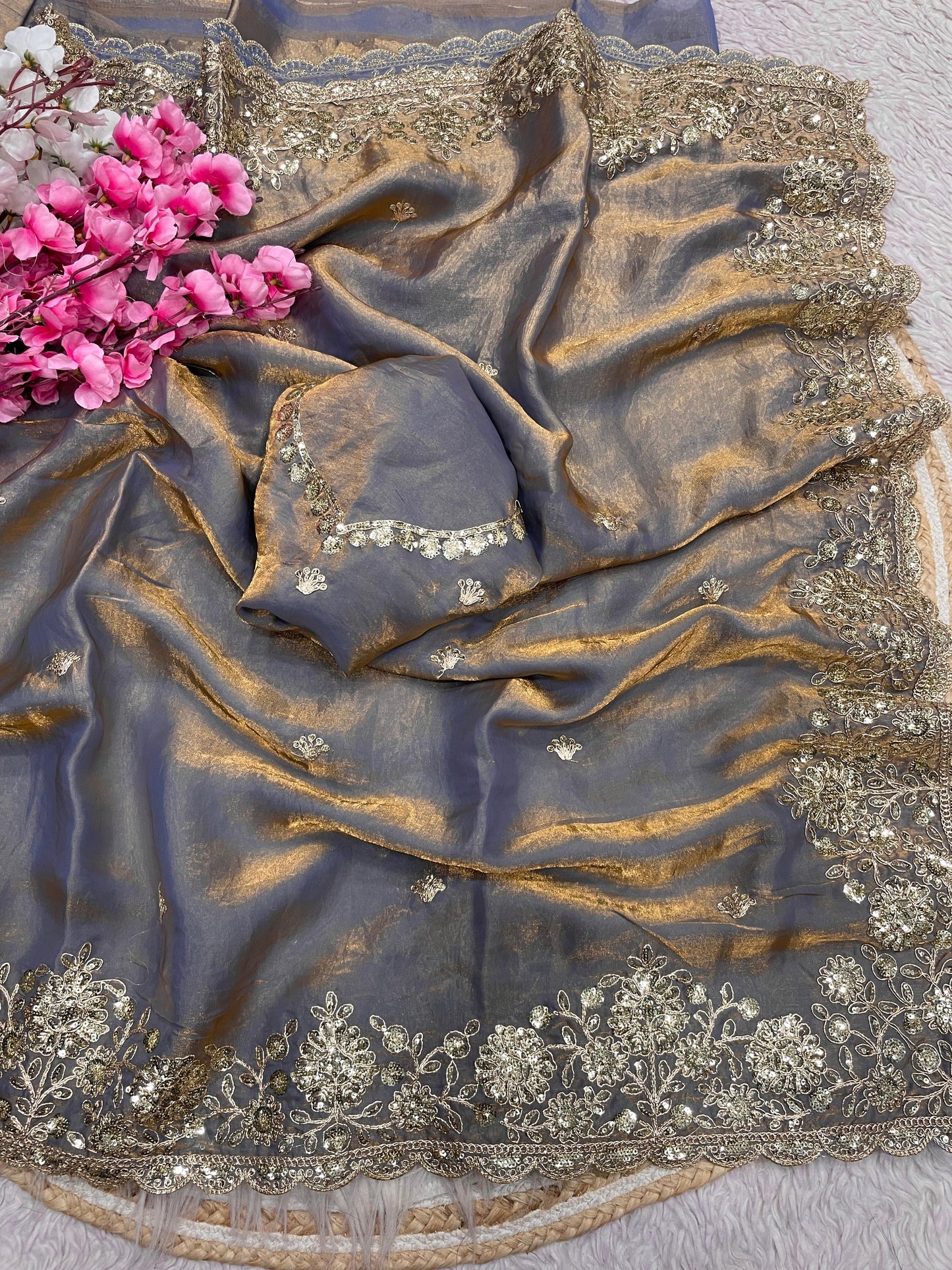 Celebrity Style Fendy Satin Saree with Sequin Coding Embroidery