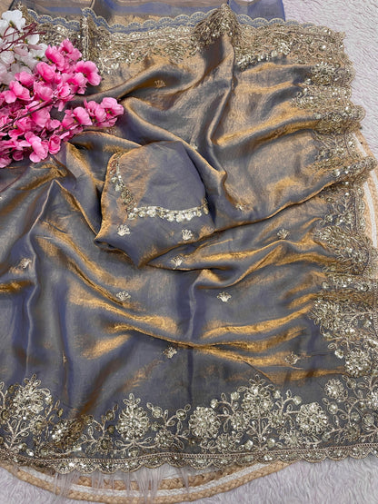Celebrity Style Fendy Satin Saree with Sequin Coding Embroidery