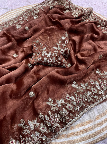 Premium Fendy Chiffon Two-Tone Saree with Coding Sequence Embroidery