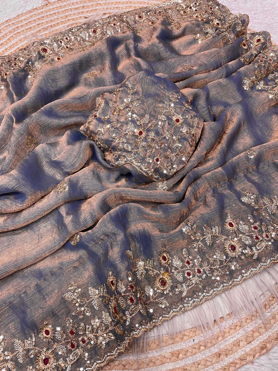 Premium Fendy Chiffon Two-Tone Saree with Coding Sequence Embroidery
