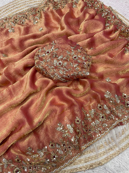 Premium Fendy Chiffon Two-Tone Saree with Coding Sequence Embroidery