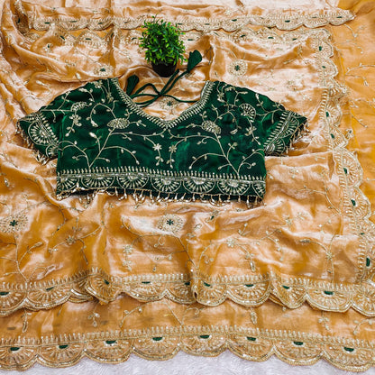 Premium Fendy Satin Silk Embroidered Saree with Designer Blouse