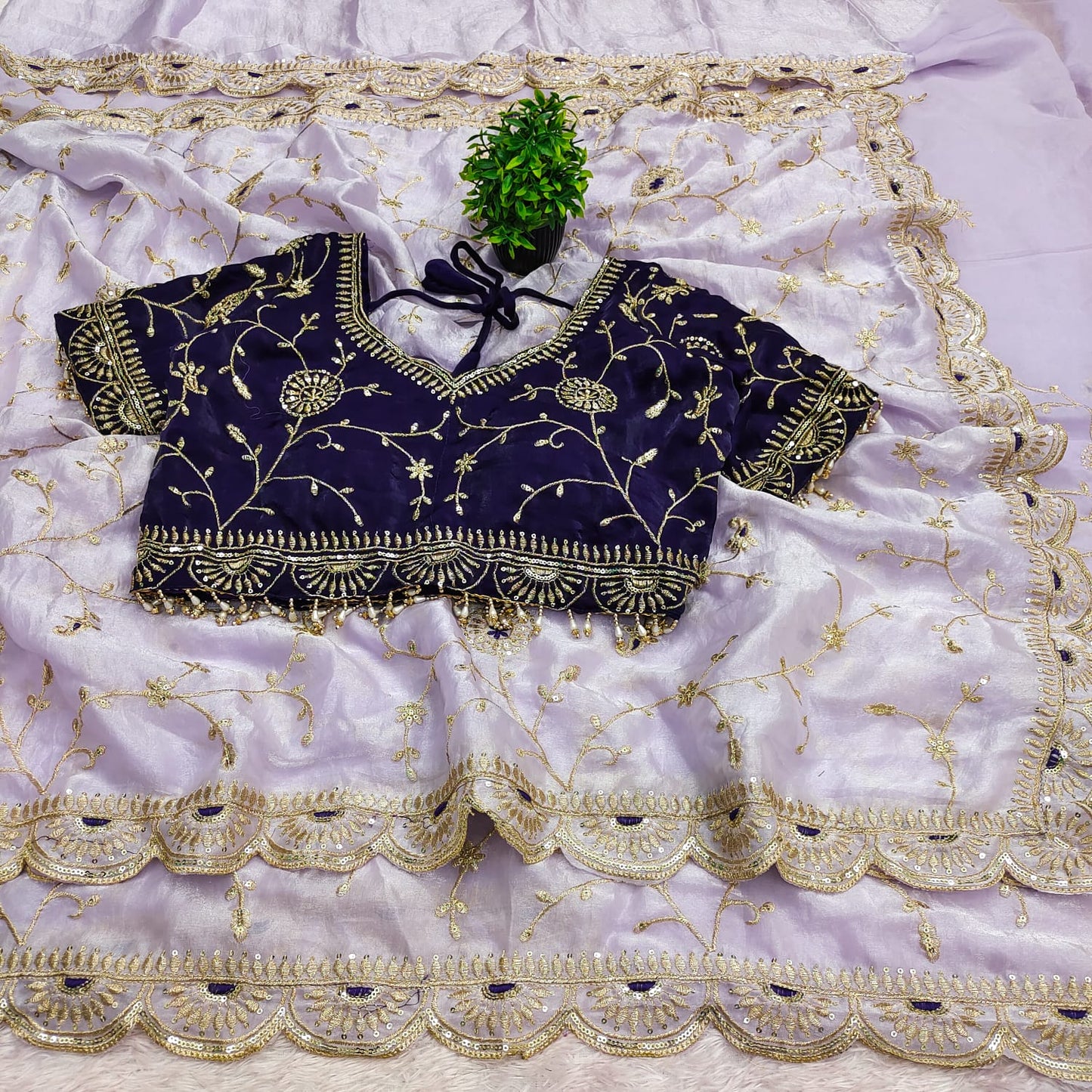 Premium Fendy Satin Silk Embroidered Saree with Designer Blouse