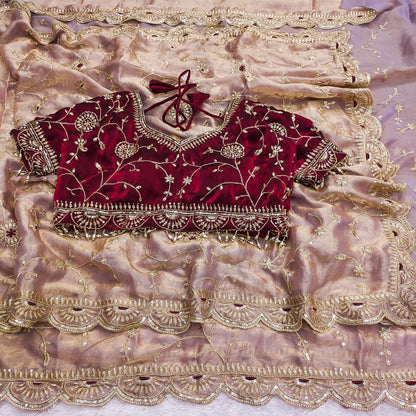 Premium Fendy Satin Silk Embroidered Saree with Designer Blouse