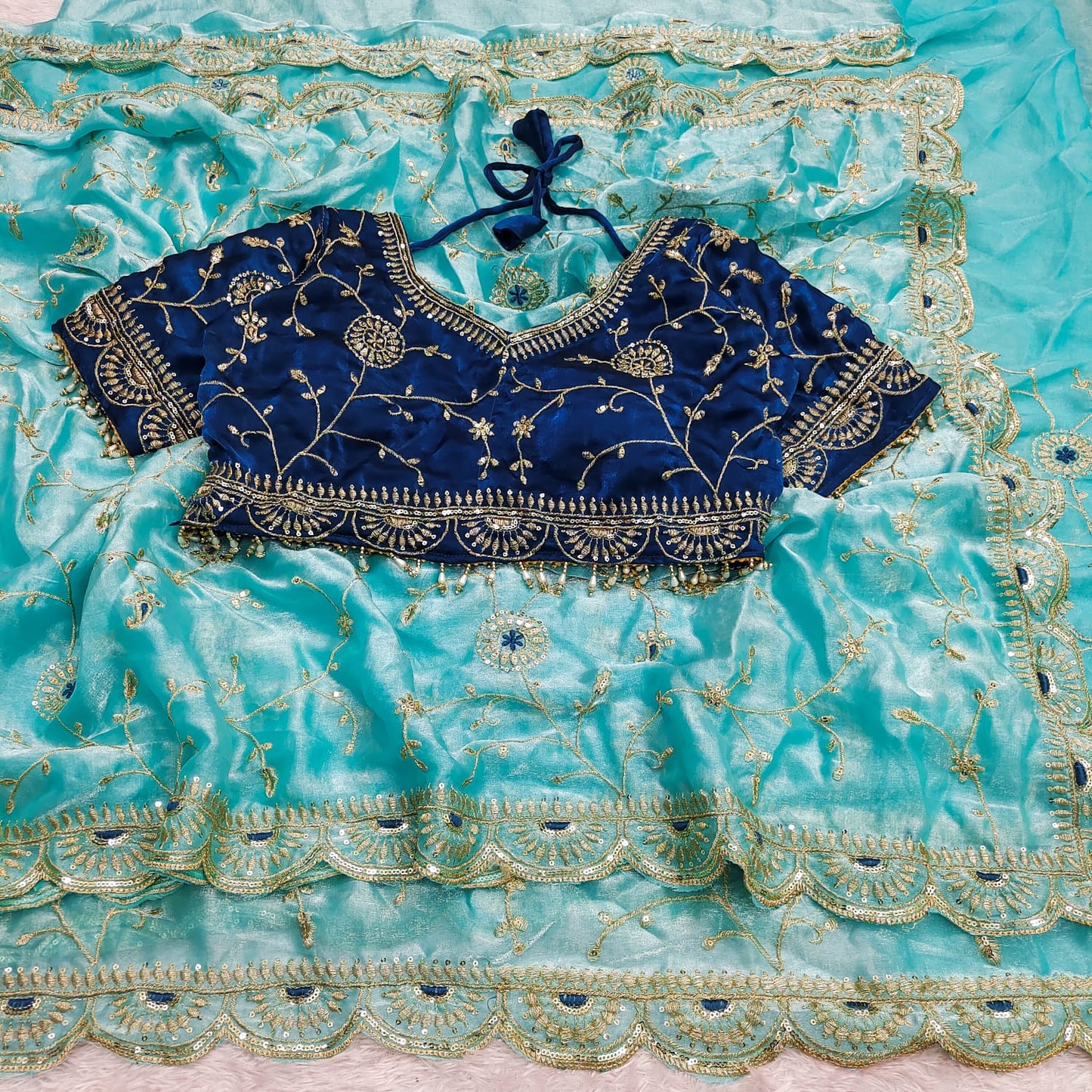 Premium Fendy Satin Silk Embroidered Saree with Designer Blouse