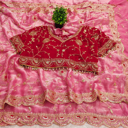 Premium Fendy Satin Silk Embroidered Saree with Designer Blouse