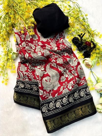 Premium Mul Mul Cotton Silk Saree with Kalamkari Print