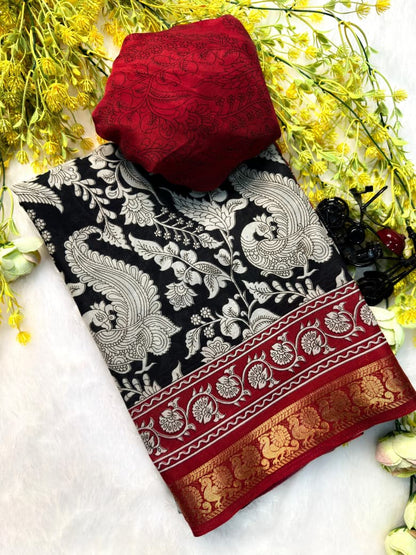 Premium Mul Mul Cotton Silk Saree with Kalamkari Print