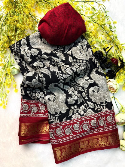 Premium Mul Mul Cotton Silk Saree with Kalamkari Print