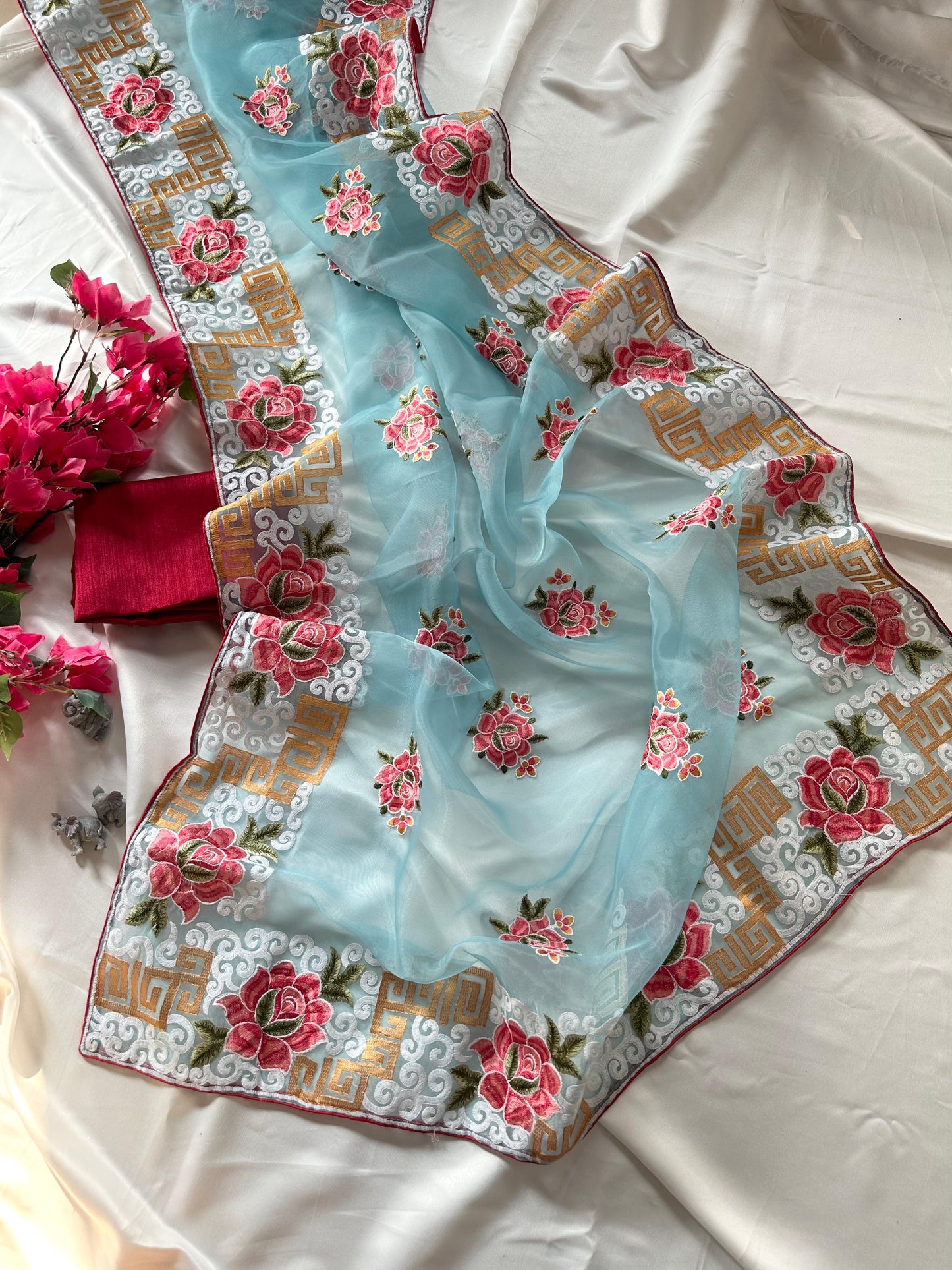 Premium Refined Organza Silk Saree with Viscose Thread Embroidery & Raw Silk Blouse