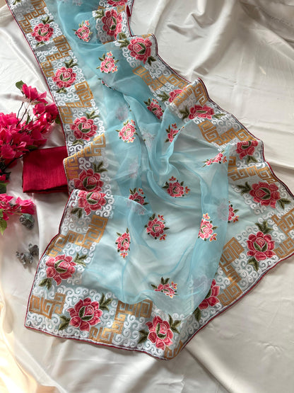 Premium Refined Organza Silk Saree with Viscose Thread Embroidery & Raw Silk Blouse