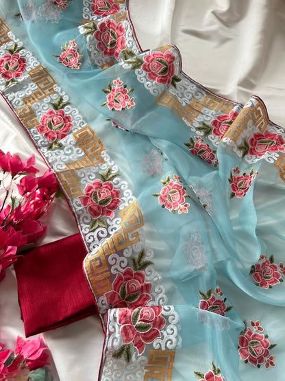 Premium Refined Organza Silk Saree with Viscose Thread Embroidery & Raw Silk Blouse