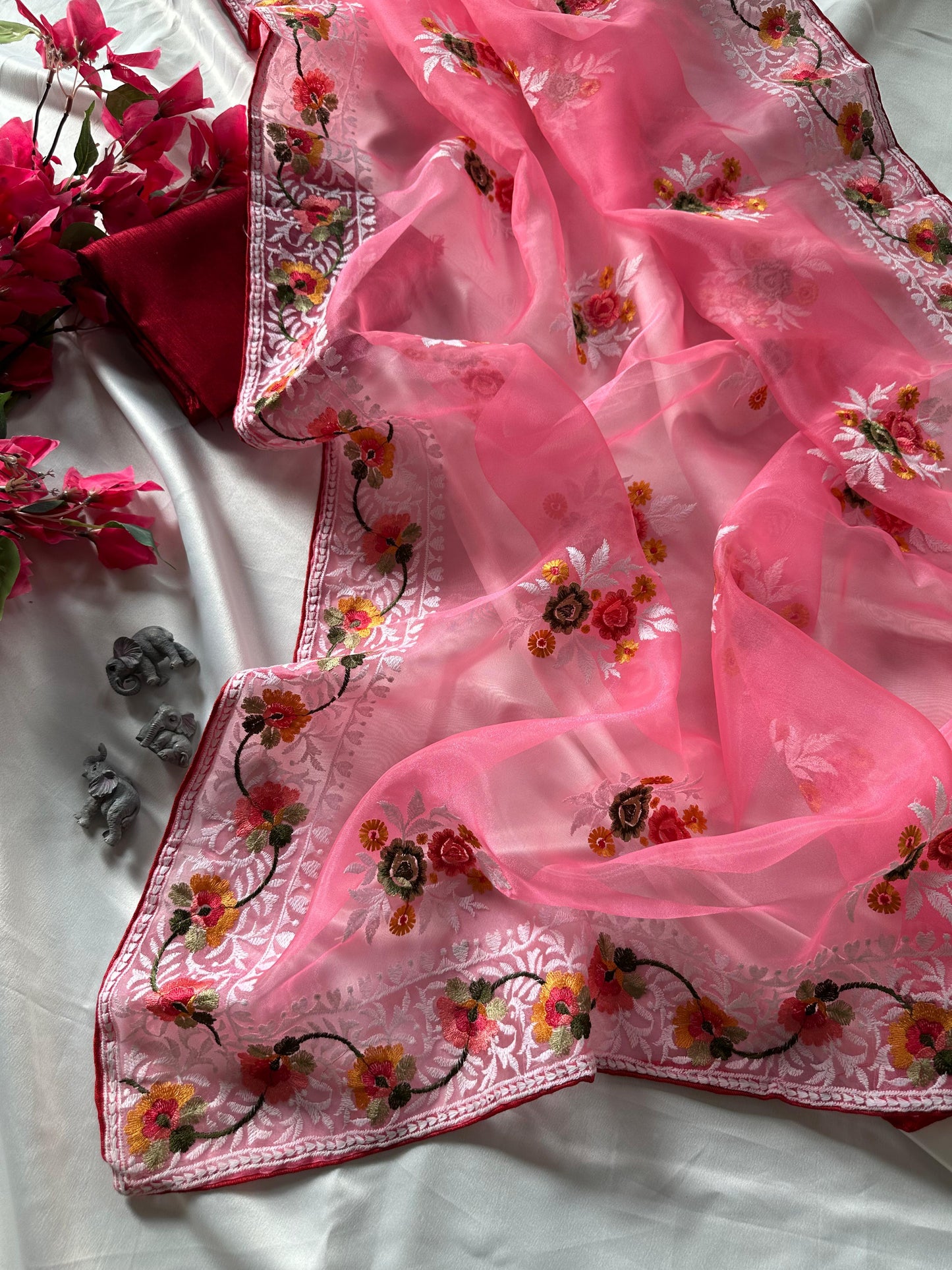 Premium Refined Organza Silk Saree with Viscose Thread Embroidery & Raw Silk Blouse