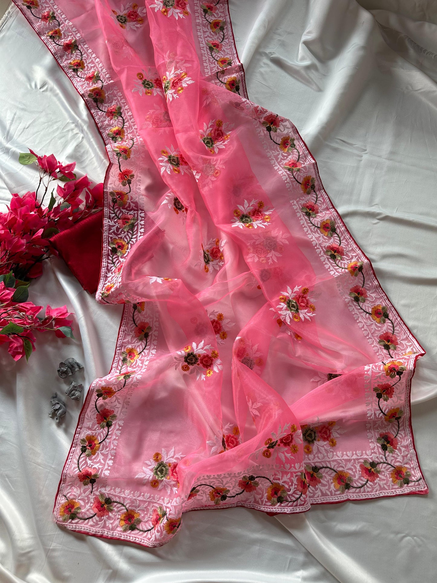 Premium Refined Organza Silk Saree with Viscose Thread Embroidery & Raw Silk Blouse