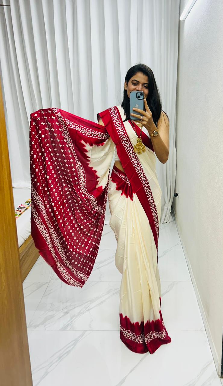 Premium Semi Gaji Ajrakh Bandhej Soft Silk Saree with Blouse