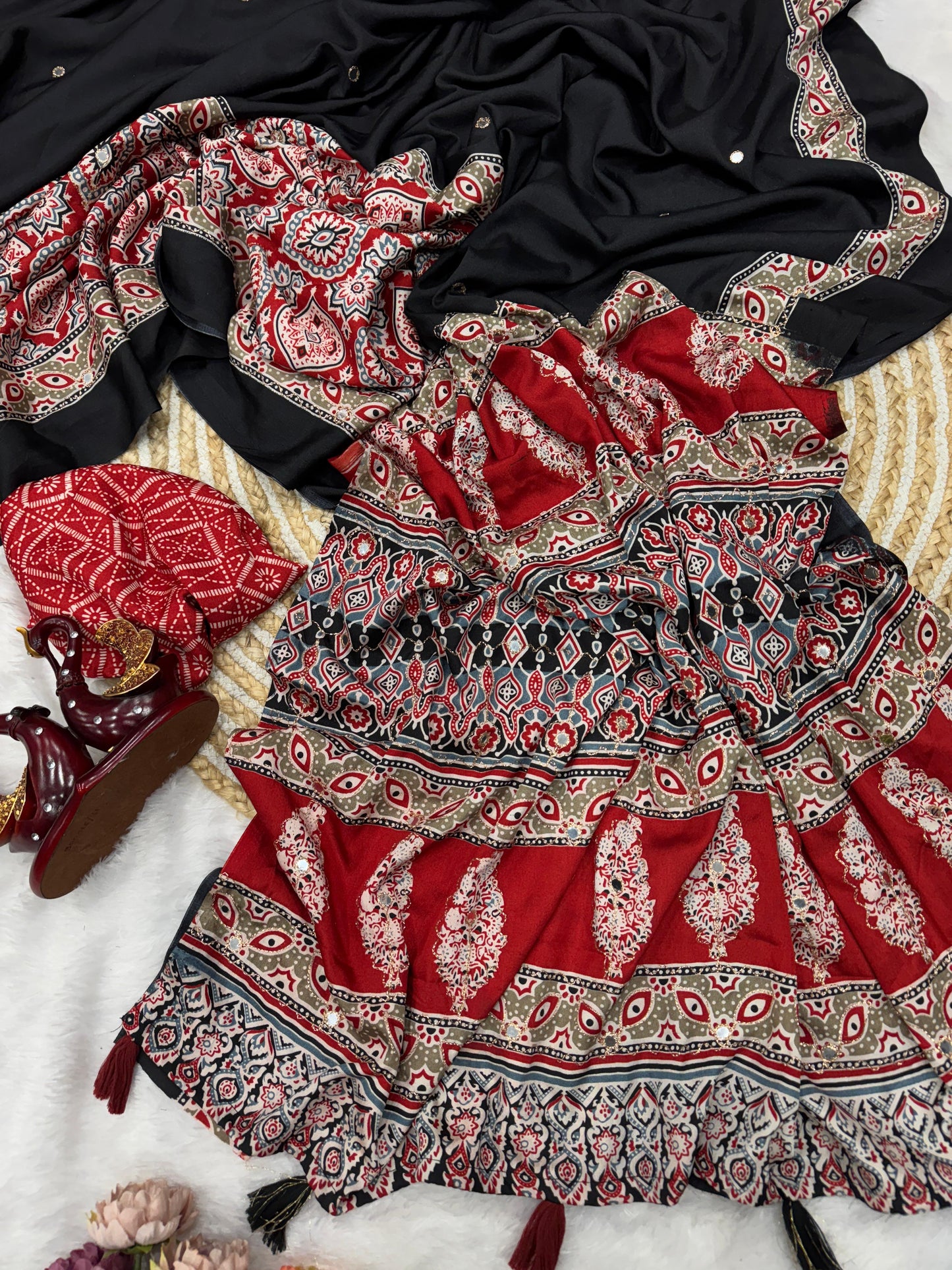 Premium Soft Crepe Silk Saree with Ajrakh Print, Zari & Mirror Work