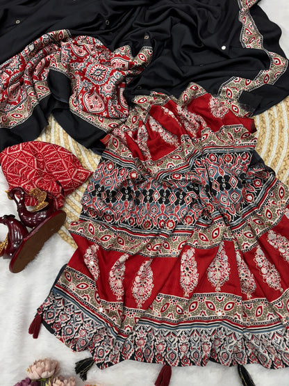 Premium Soft Crepe Silk Saree with Ajrakh Print, Zari & Mirror Work