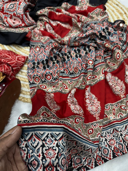 Premium Soft Crepe Silk Saree with Ajrakh Print, Zari & Mirror Work