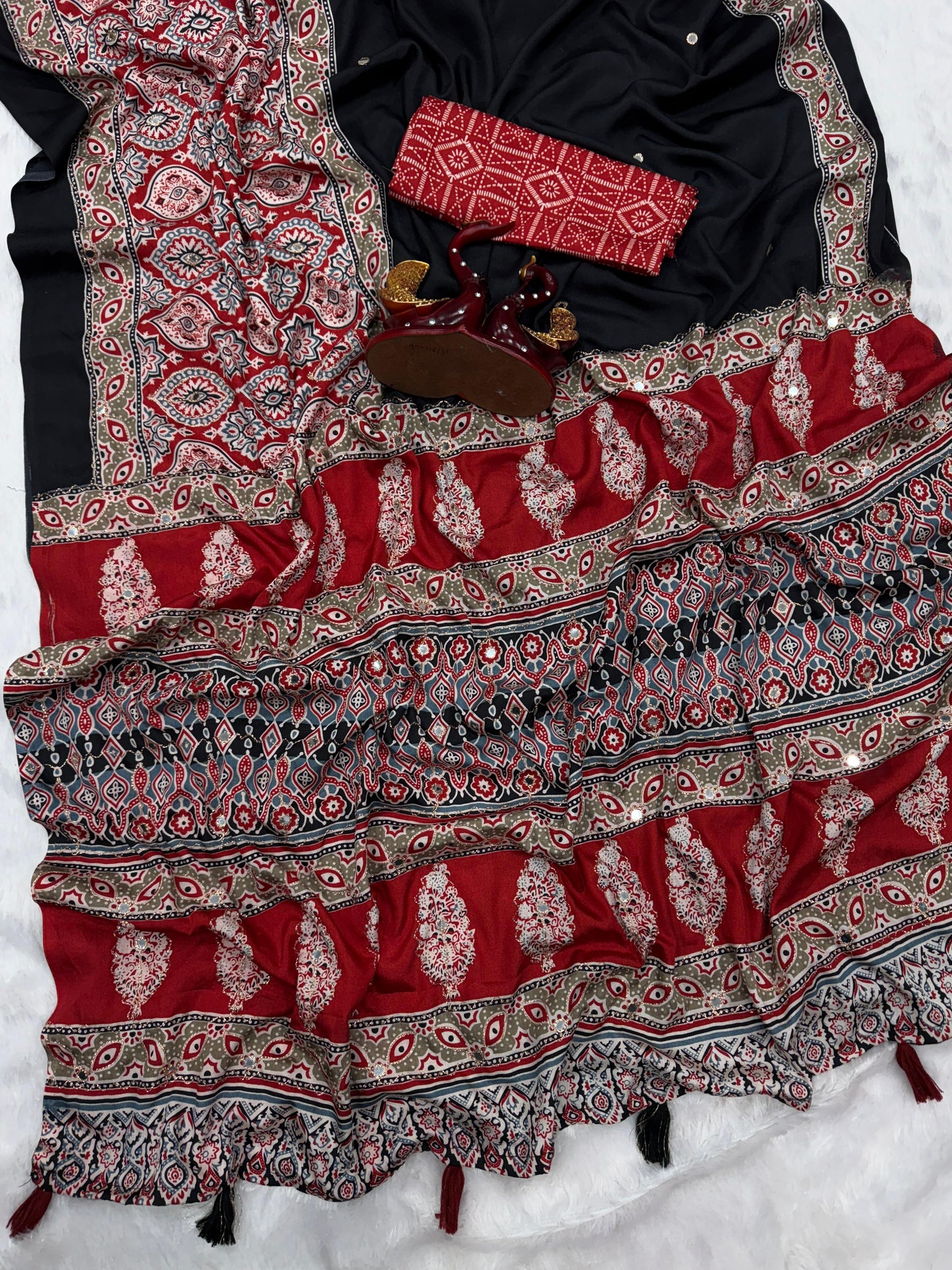 Premium Soft Crepe Silk Saree with Ajrakh Print, Zari & Mirror Work