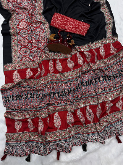 Premium Soft Crepe Silk Saree with Ajrakh Print, Zari & Mirror Work