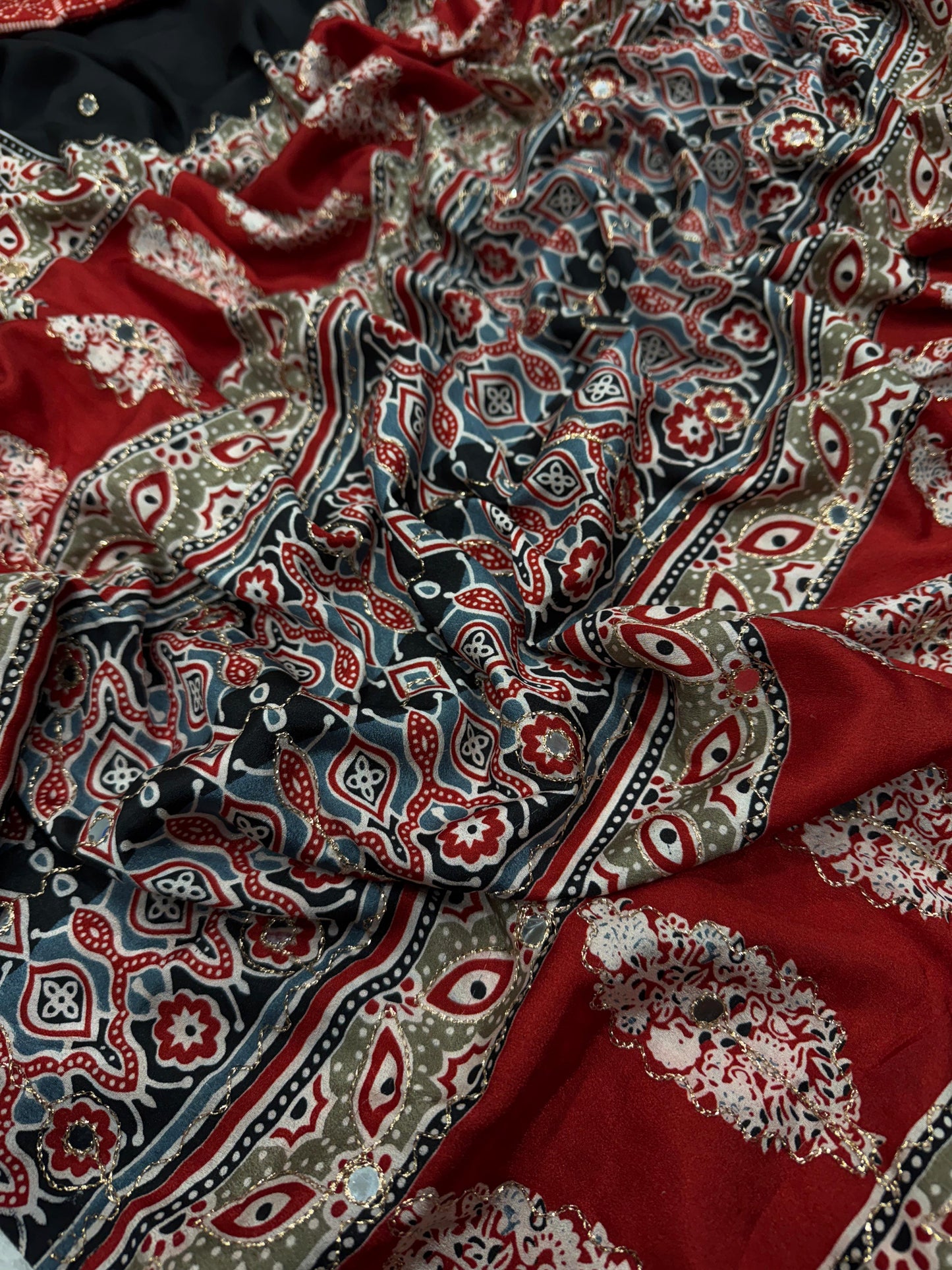 Premium Soft Crepe Silk Saree with Ajrakh Print, Zari & Mirror Work