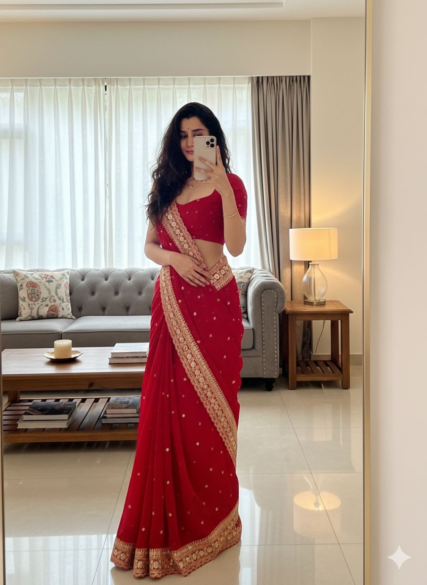 Premium Pure Georgette Saree with Sequins & Dori Embroidery