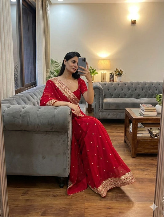 Premium Pure Georgette Saree with Sequins & Dori Embroidery