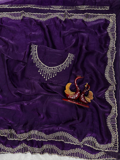 Premium Space Silk Saree with Original Jarkhan Diamond Work