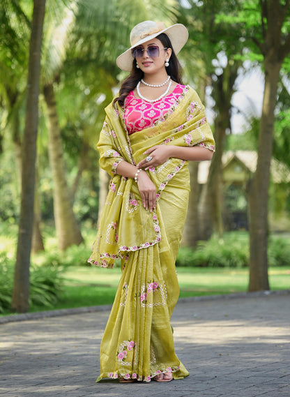 Premium Pure Paper Silk Crush Saree with Floral Embroidery & Swarovski Work