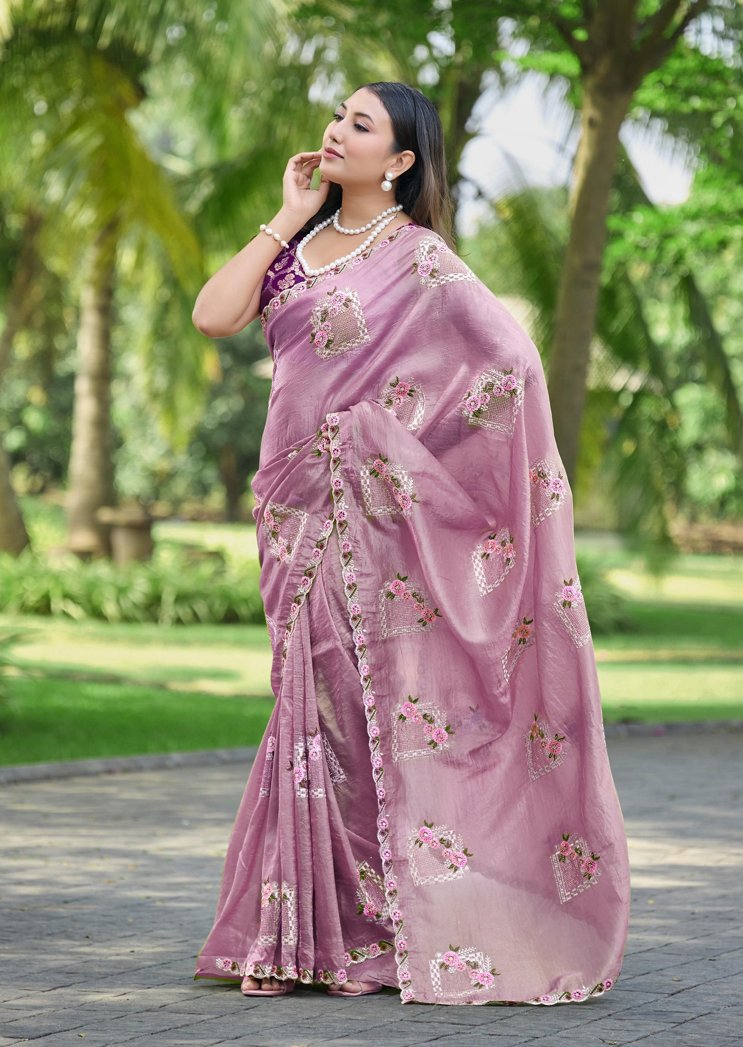 Premium Pure Paper Silk Crush Saree with Floral Embroidery & Swarovski Work