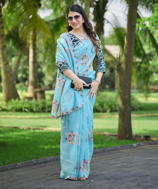 Premium Pure Paper Silk Crush Saree with Floral Embroidery & Swarovski Work