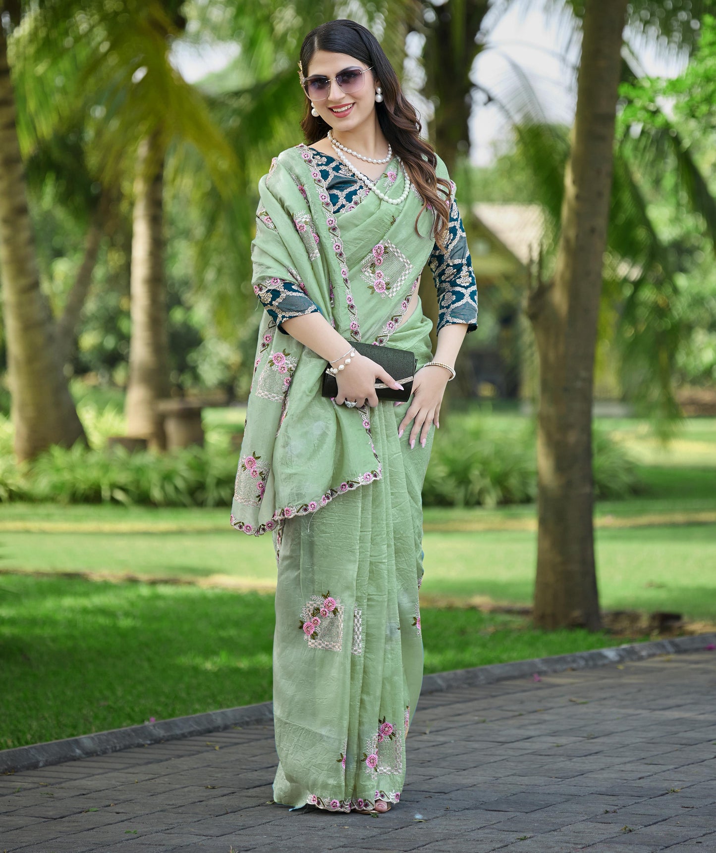Premium Pure Paper Silk Crush Saree with Floral Embroidery & Swarovski Work
