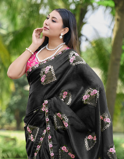 Premium Pure Paper Silk Crush Saree with Floral Embroidery & Swarovski Work