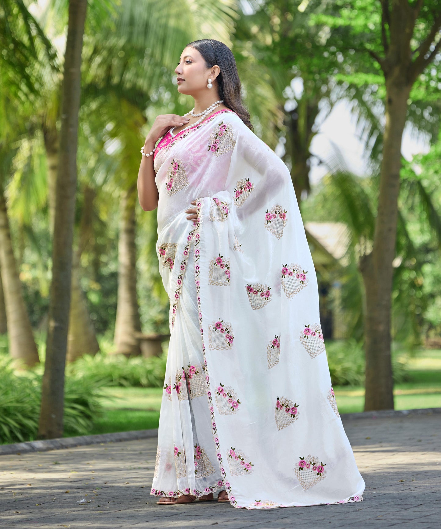 Premium Pure Paper Silk Crush Saree with Floral Embroidery & Swarovski Work