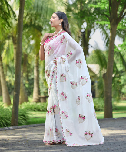 Premium Pure Paper Silk Crush Saree with Floral Embroidery & Swarovski Work