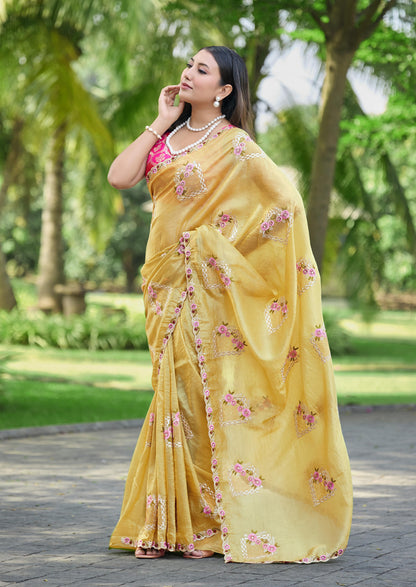 Premium Pure Paper Silk Crush Saree with Floral Embroidery & Swarovski Work
