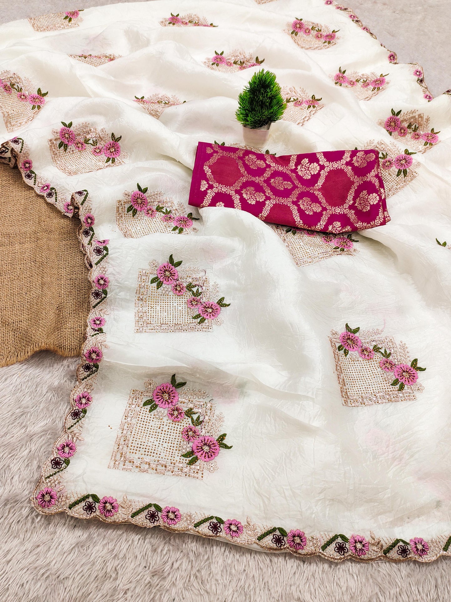 Premium Pure Paper Silk Crush Saree with Floral Embroidery & Swarovski Work