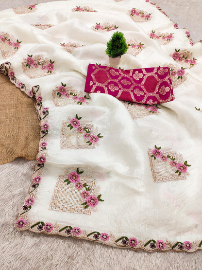 Premium Pure Paper Silk Crush Saree with Floral Embroidery & Swarovski Work