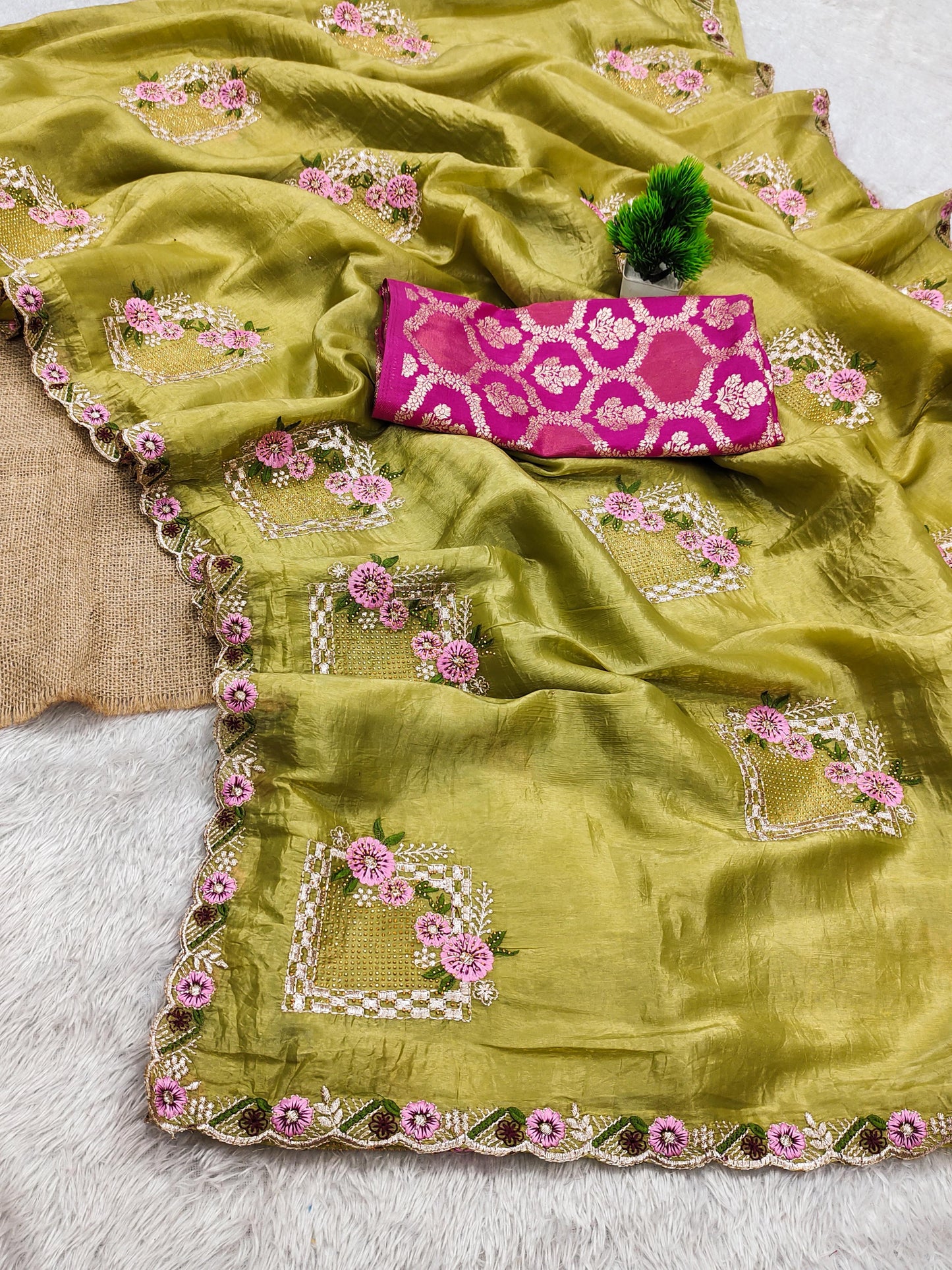 Premium Pure Paper Silk Crush Saree with Floral Embroidery & Swarovski Work