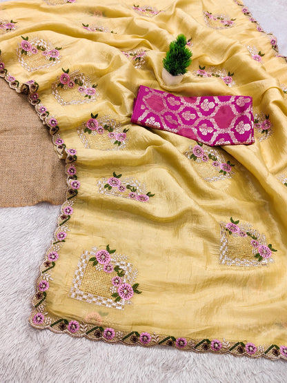 Premium Pure Paper Silk Crush Saree with Floral Embroidery & Swarovski Work