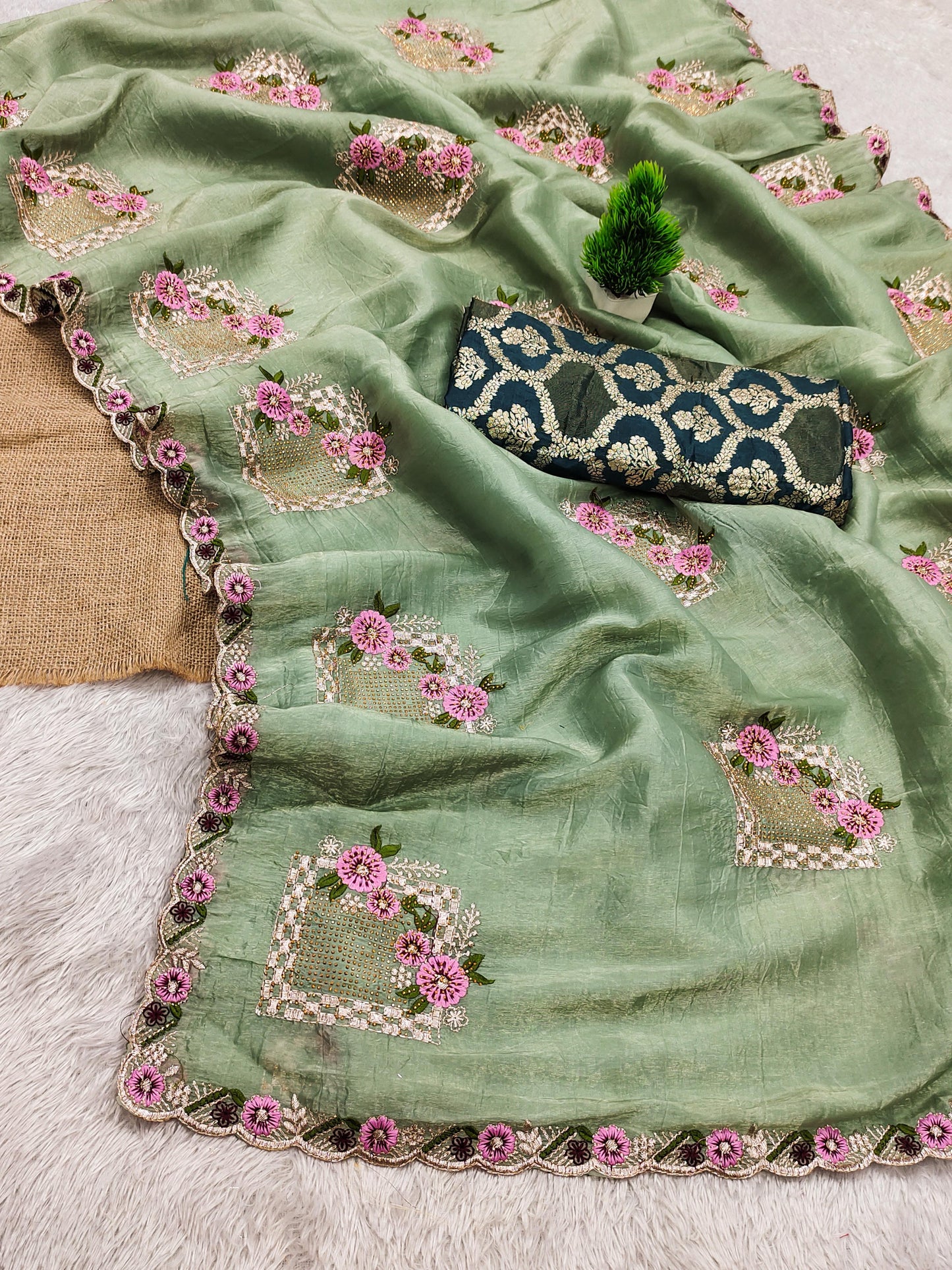 Premium Pure Paper Silk Crush Saree with Floral Embroidery & Swarovski Work